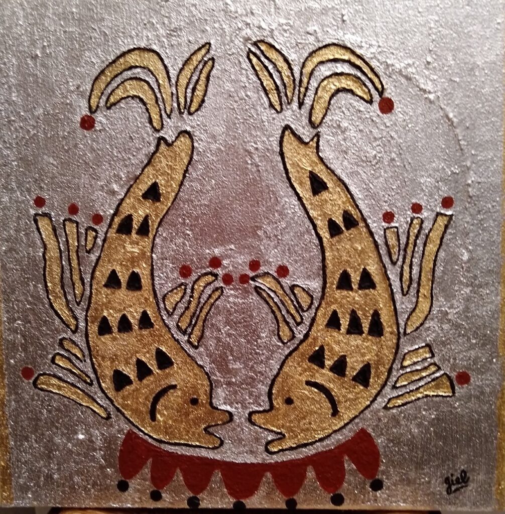 POISSONS SACRÉS - cuivre/argent/acrylique/toile 50 x 50 cm
